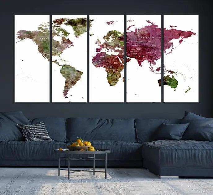 The stylish living room showcases a World Map Canvas Print, a three-panel art piece. Each canvas is gallery wrapped and finished with a UV-protective coating to maintain its vibrant appeal.