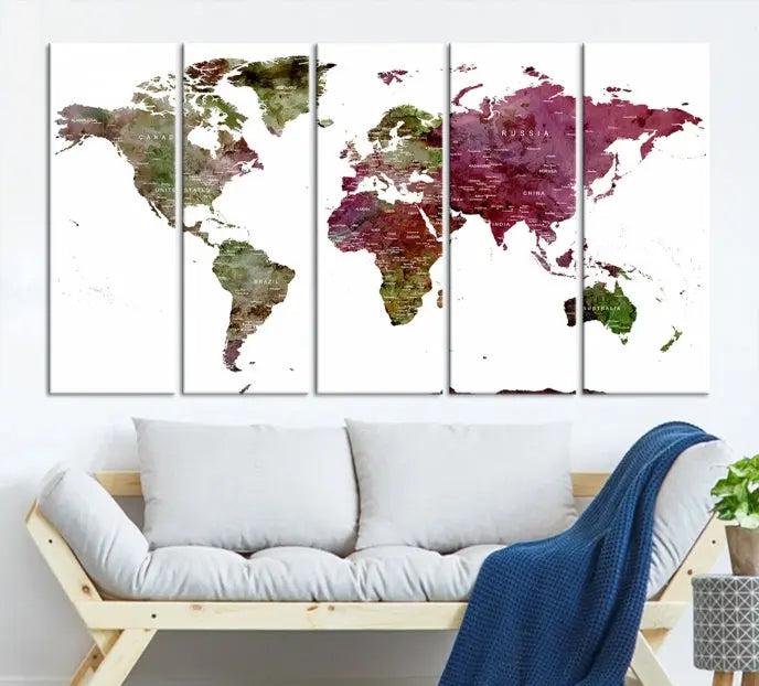 The stylish living room showcases a World Map Canvas Print, a three-panel art piece. Each canvas is gallery wrapped and finished with a UV-protective coating to maintain its vibrant appeal.