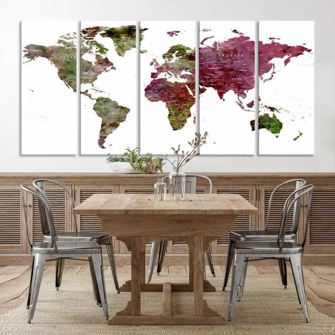 The stylish living room showcases a World Map Canvas Print, a three-panel art piece. Each canvas is gallery wrapped and finished with a UV-protective coating to maintain its vibrant appeal.