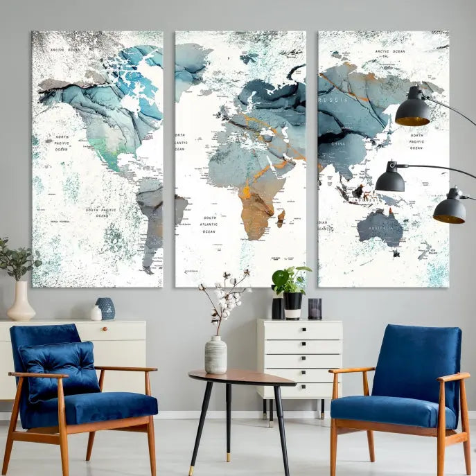 A museum-quality, five-panel World Map Canvas Print adorns the dark wall. Its UV-protective canvas ensures lasting vibrancy.