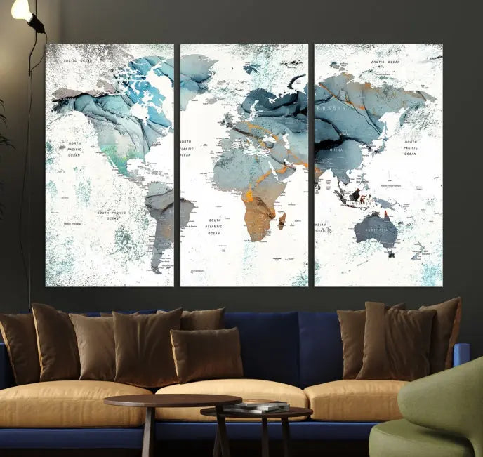 A museum-quality, five-panel World Map Canvas Print adorns the dark wall. Its UV-protective canvas ensures lasting vibrancy.