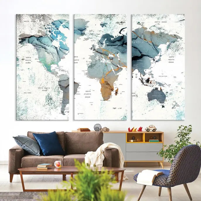 A museum-quality, five-panel World Map Canvas Print adorns the dark wall. Its UV-protective canvas ensures lasting vibrancy.