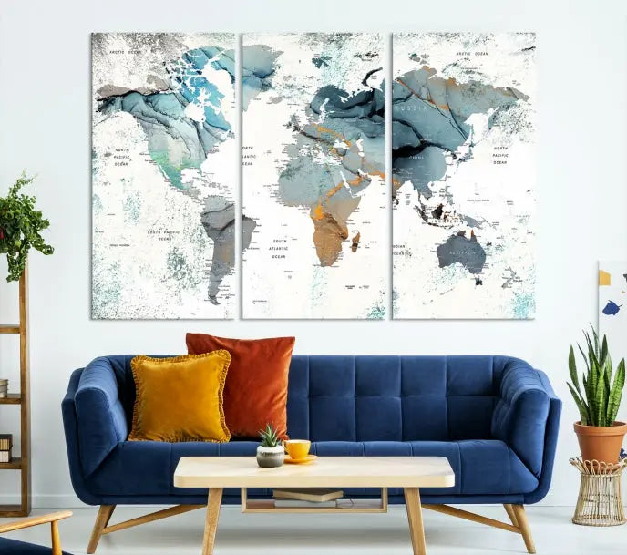 A museum-quality, five-panel World Map Canvas Print adorns the dark wall. Its UV-protective canvas ensures lasting vibrancy.