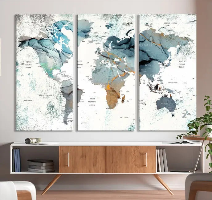 A museum-quality, five-panel World Map Canvas Print adorns the dark wall. Its UV-protective canvas ensures lasting vibrancy.