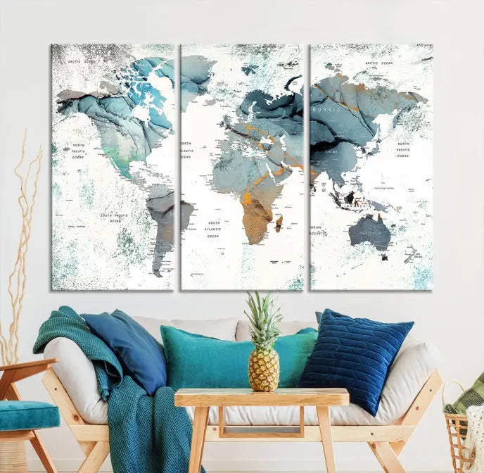 A museum-quality, five-panel World Map Canvas Print adorns the dark wall. Its UV-protective canvas ensures lasting vibrancy.