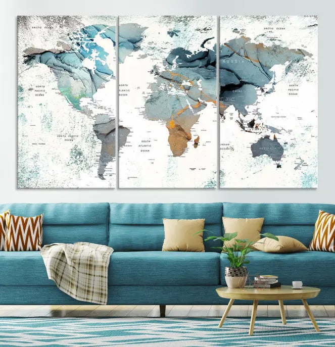 A museum-quality, five-panel World Map Canvas Print adorns the dark wall. Its UV-protective canvas ensures lasting vibrancy.