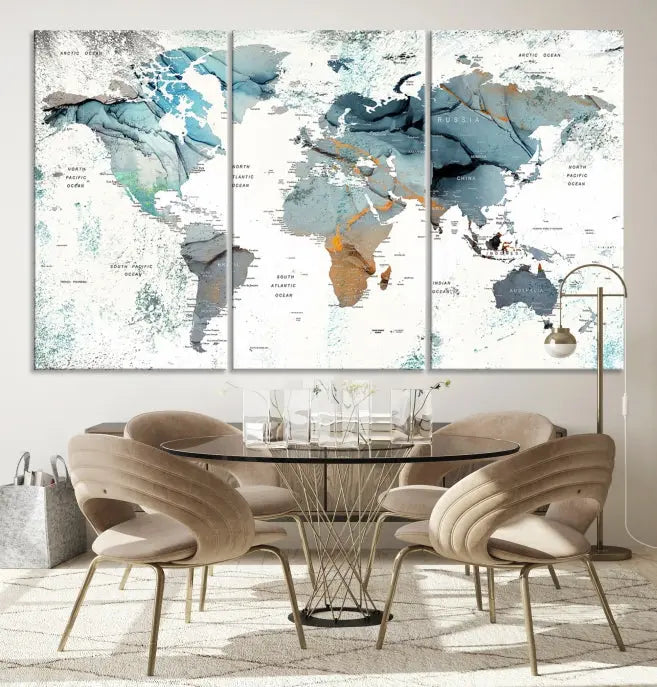 A museum-quality, five-panel World Map Canvas Print adorns the dark wall. Its UV-protective canvas ensures lasting vibrancy.