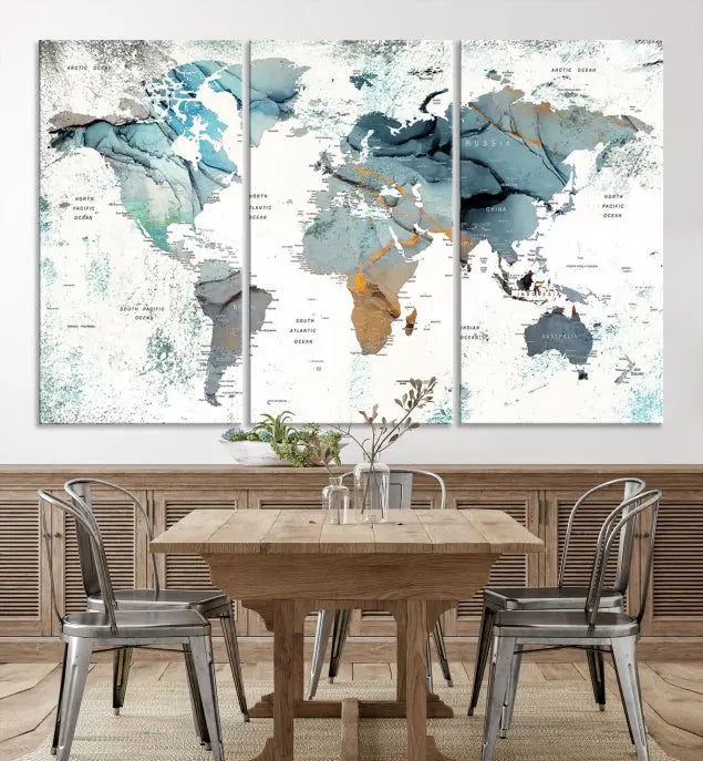 A museum-quality, five-panel World Map Canvas Print adorns the dark wall. Its UV-protective canvas ensures lasting vibrancy.