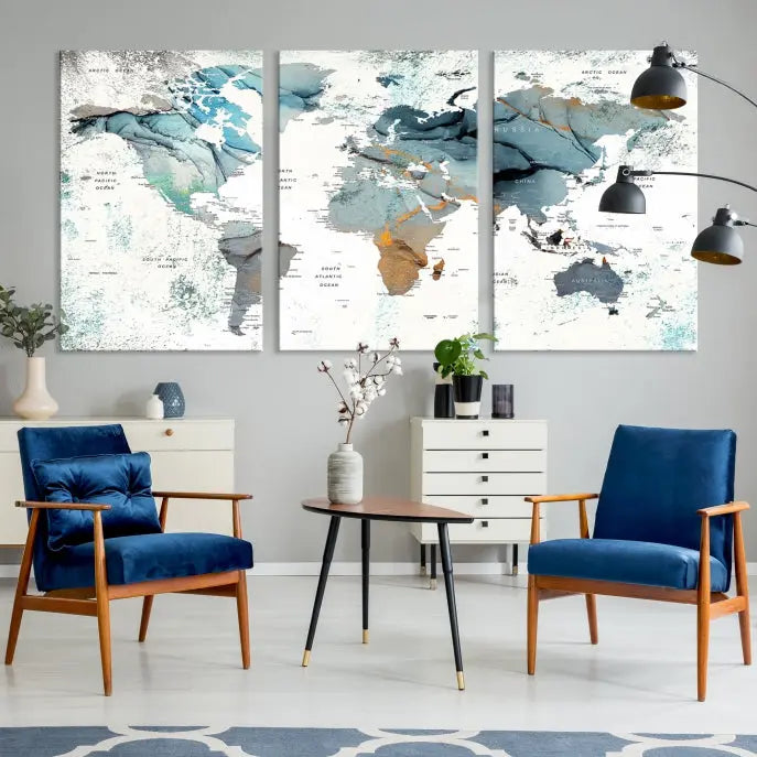 A museum-quality, five-panel World Map Canvas Print adorns the dark wall. Its UV-protective canvas ensures lasting vibrancy.