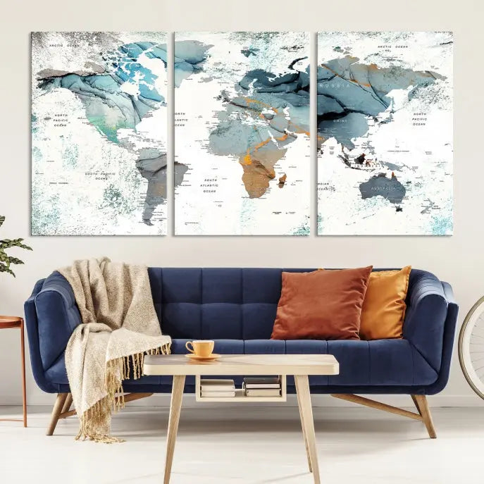 A museum-quality, five-panel World Map Canvas Print adorns the dark wall. Its UV-protective canvas ensures lasting vibrancy.