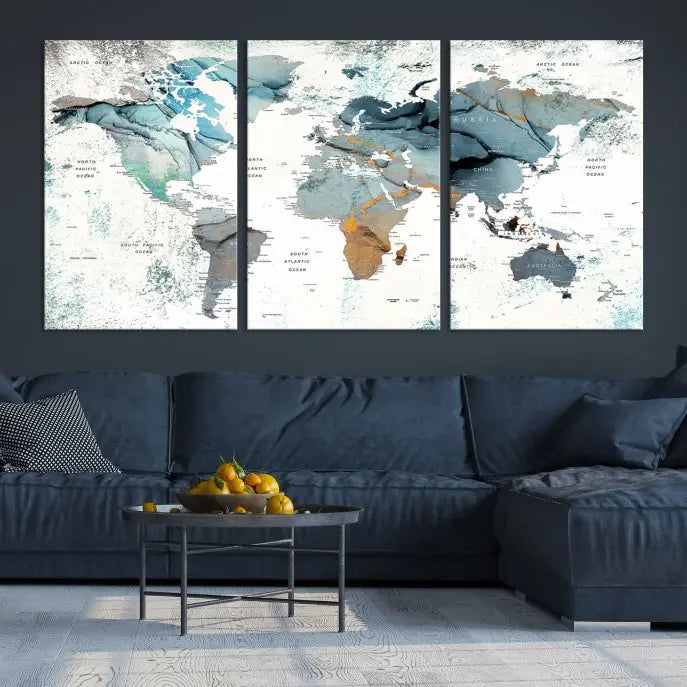 A museum-quality, five-panel World Map Canvas Print adorns the dark wall. Its UV-protective canvas ensures lasting vibrancy.