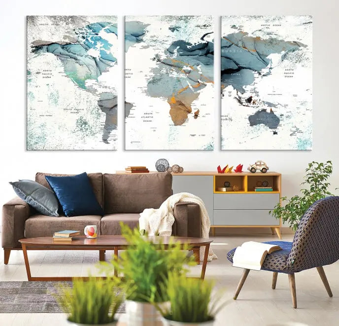 A museum-quality, five-panel World Map Canvas Print adorns the dark wall. Its UV-protective canvas ensures lasting vibrancy.