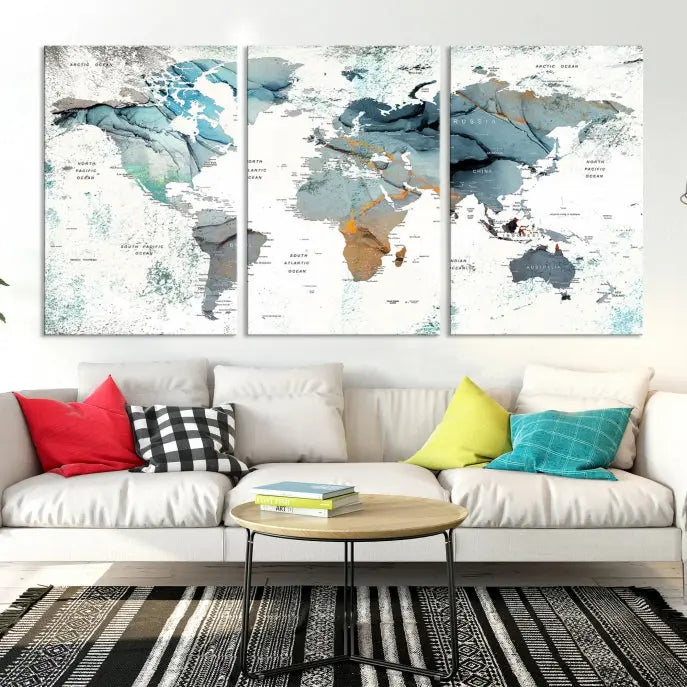 A museum-quality, five-panel World Map Canvas Print adorns the dark wall. Its UV-protective canvas ensures lasting vibrancy.