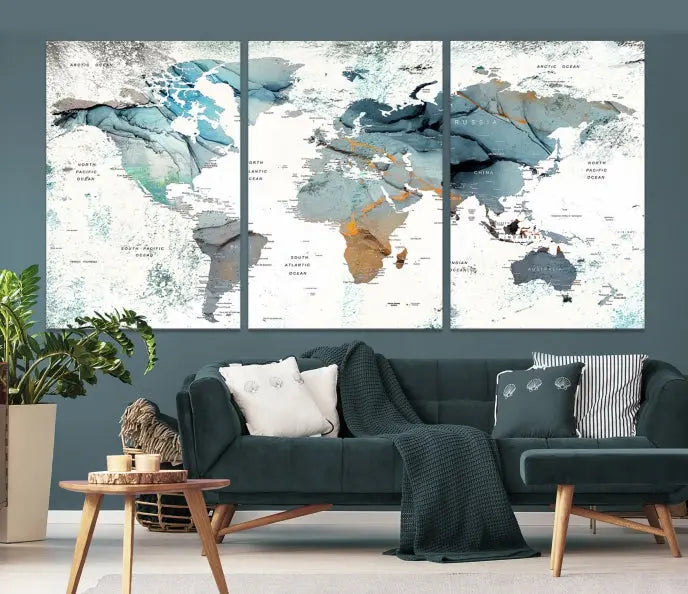 A museum-quality, five-panel World Map Canvas Print adorns the dark wall. Its UV-protective canvas ensures lasting vibrancy.