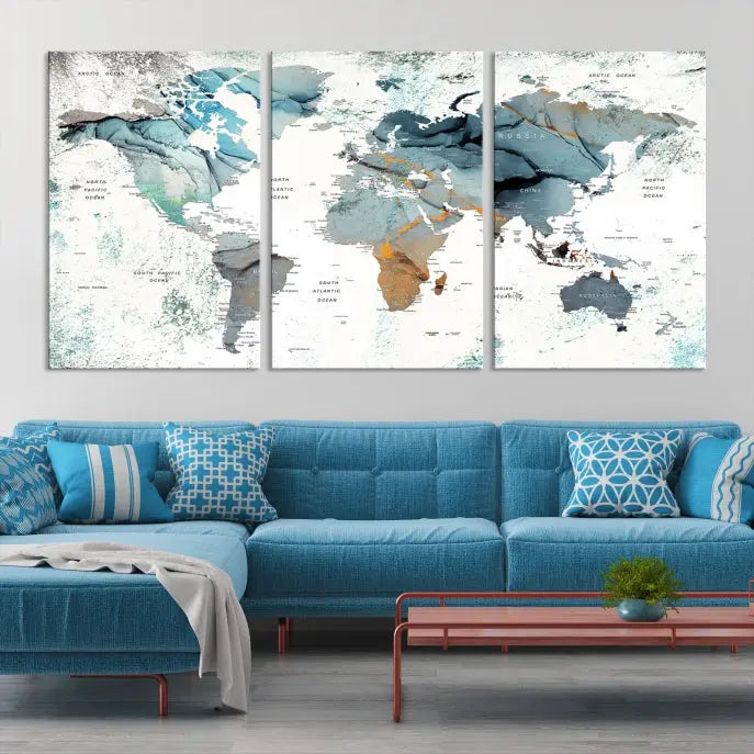 A museum-quality, five-panel World Map Canvas Print adorns the dark wall. Its UV-protective canvas ensures lasting vibrancy.