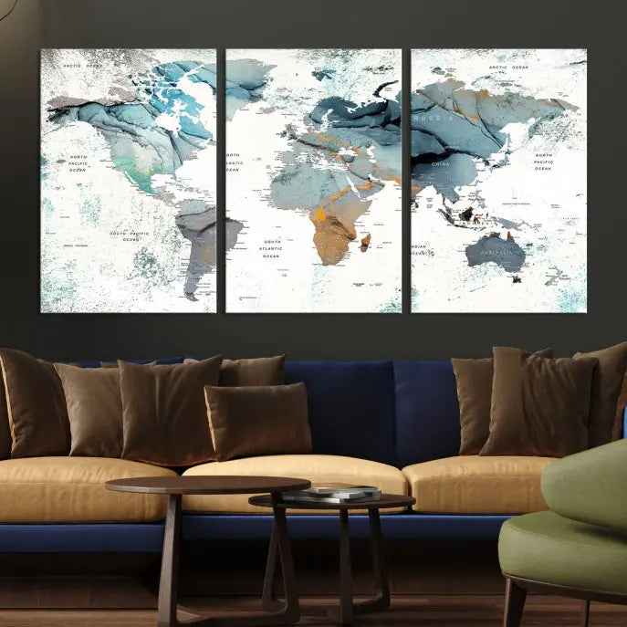 A museum-quality, five-panel World Map Canvas Print adorns the dark wall. Its UV-protective canvas ensures lasting vibrancy.