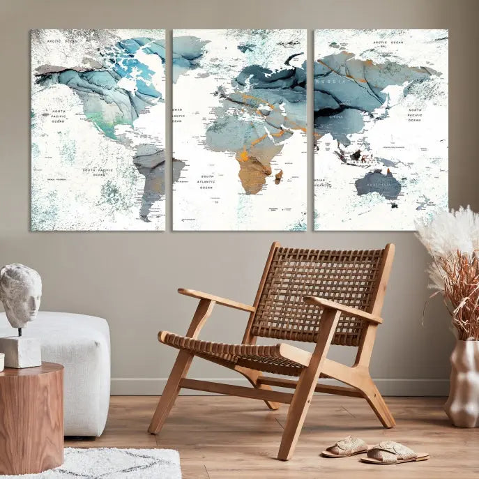 A museum-quality, five-panel World Map Canvas Print adorns the dark wall. Its UV-protective canvas ensures lasting vibrancy.