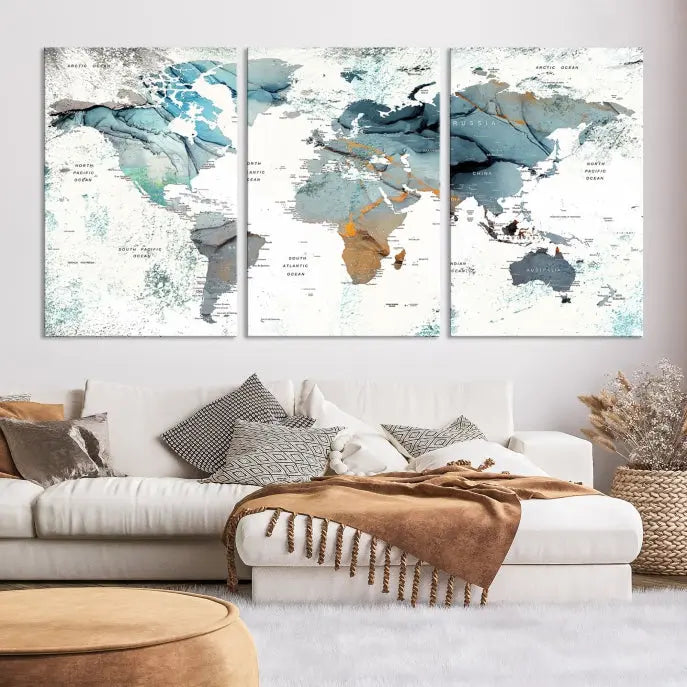 A museum-quality, five-panel World Map Canvas Print adorns the dark wall. Its UV-protective canvas ensures lasting vibrancy.