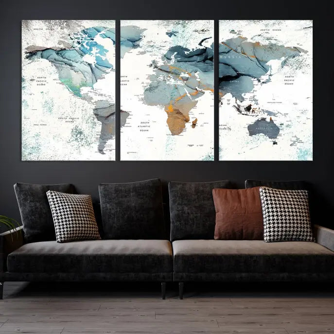 A museum-quality, five-panel World Map Canvas Print adorns the dark wall. Its UV-protective canvas ensures lasting vibrancy.