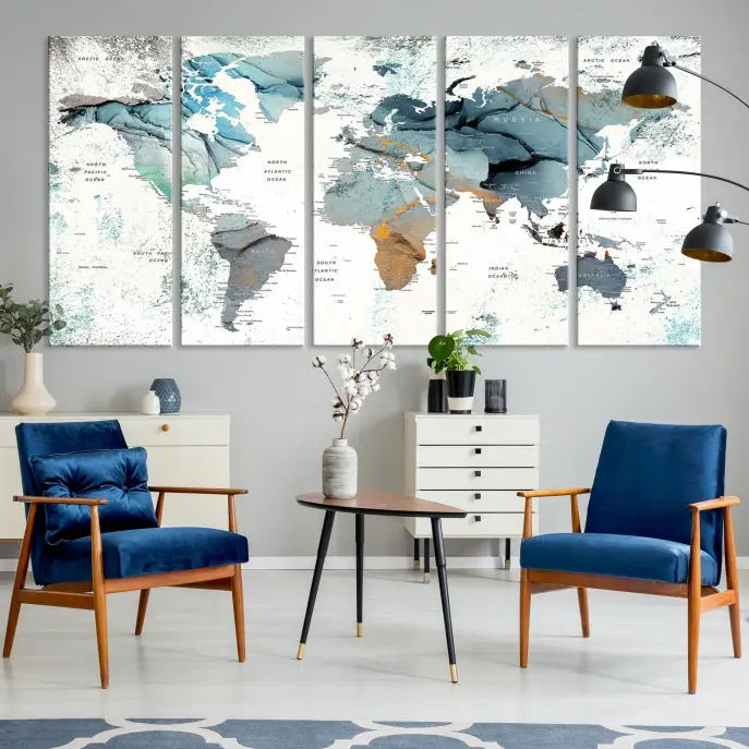 A museum-quality, five-panel World Map Canvas Print adorns the dark wall. Its UV-protective canvas ensures lasting vibrancy.