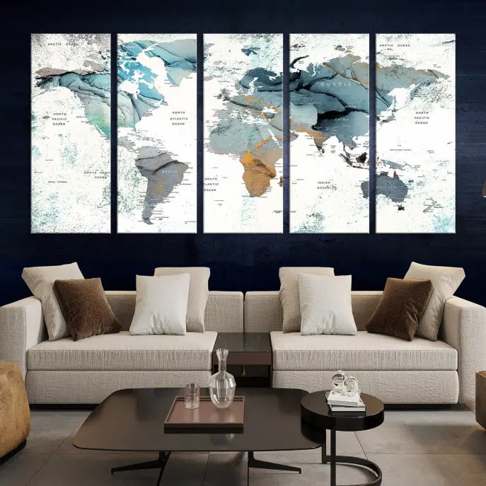 A museum-quality, five-panel World Map Canvas Print adorns the dark wall. Its UV-protective canvas ensures lasting vibrancy.