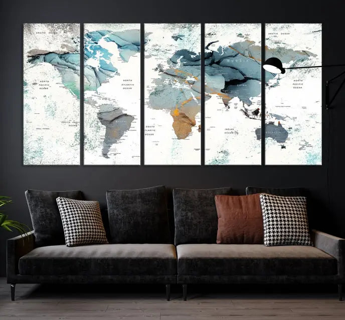 A museum-quality, five-panel World Map Canvas Print adorns the dark wall. Its UV-protective canvas ensures lasting vibrancy.