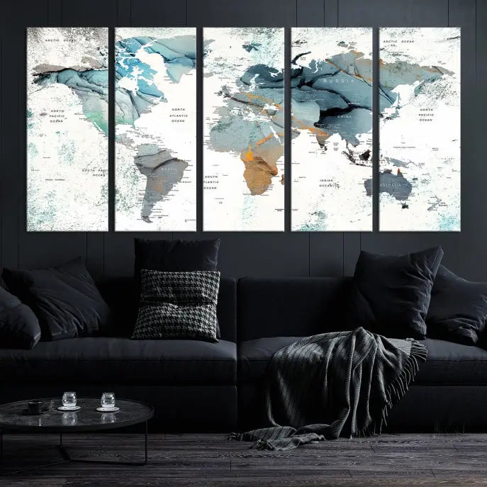 A museum-quality, five-panel World Map Canvas Print adorns the dark wall. Its UV-protective canvas ensures lasting vibrancy.