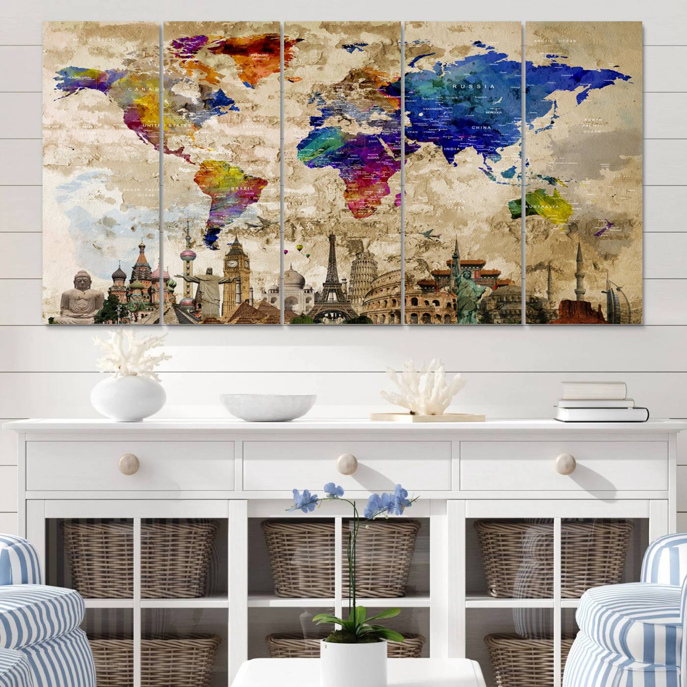 12168-MGV-CV-60X31-5P-World Map Canvas Print - Premium Framed Travel Wall Art for Office, Living Room, or Study