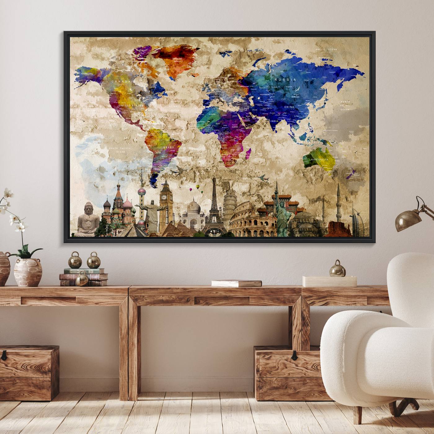 12168-MGV-FC-36X24_Black-World Map Canvas Print - Premium Framed Travel Wall Art for Office, Living Room, or Study