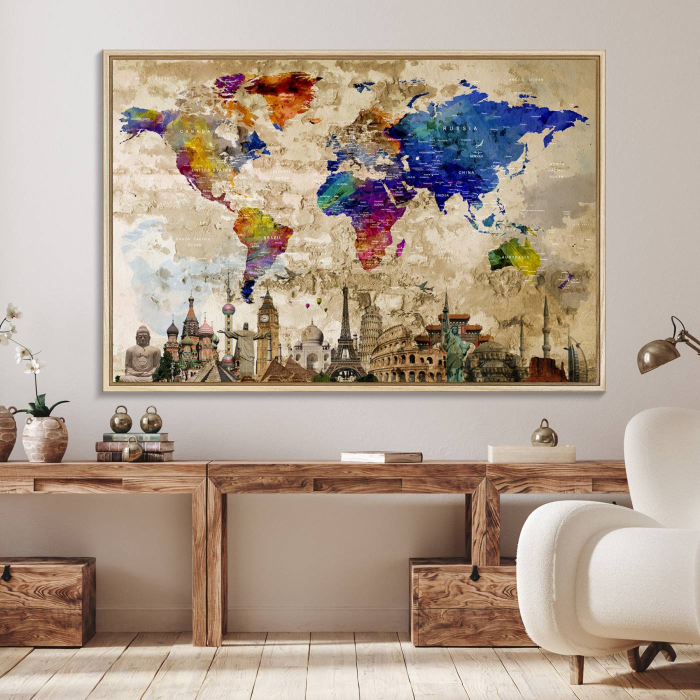 12168-MGV-FC-36X24_Natural-World Map Canvas Print - Premium Framed Travel Wall Art for Office, Living Room, or Study