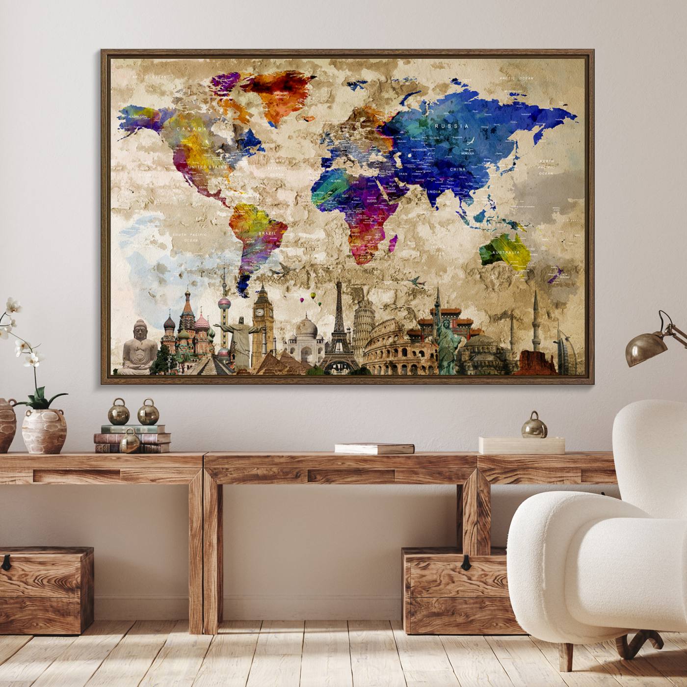 World Map Canvas Print - Premium Framed Travel Wall Art for Office, Living Room, or Study