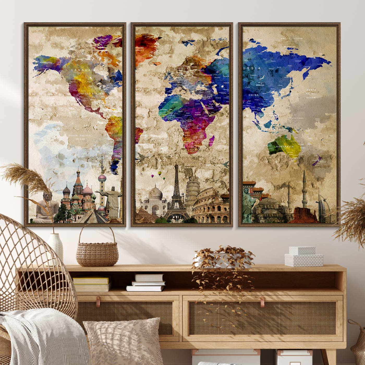 12168-MGV-FC-48X32-3P_Walnut-World Map Canvas Print - Premium Framed Travel Wall Art for Office, Living Room, or Study
