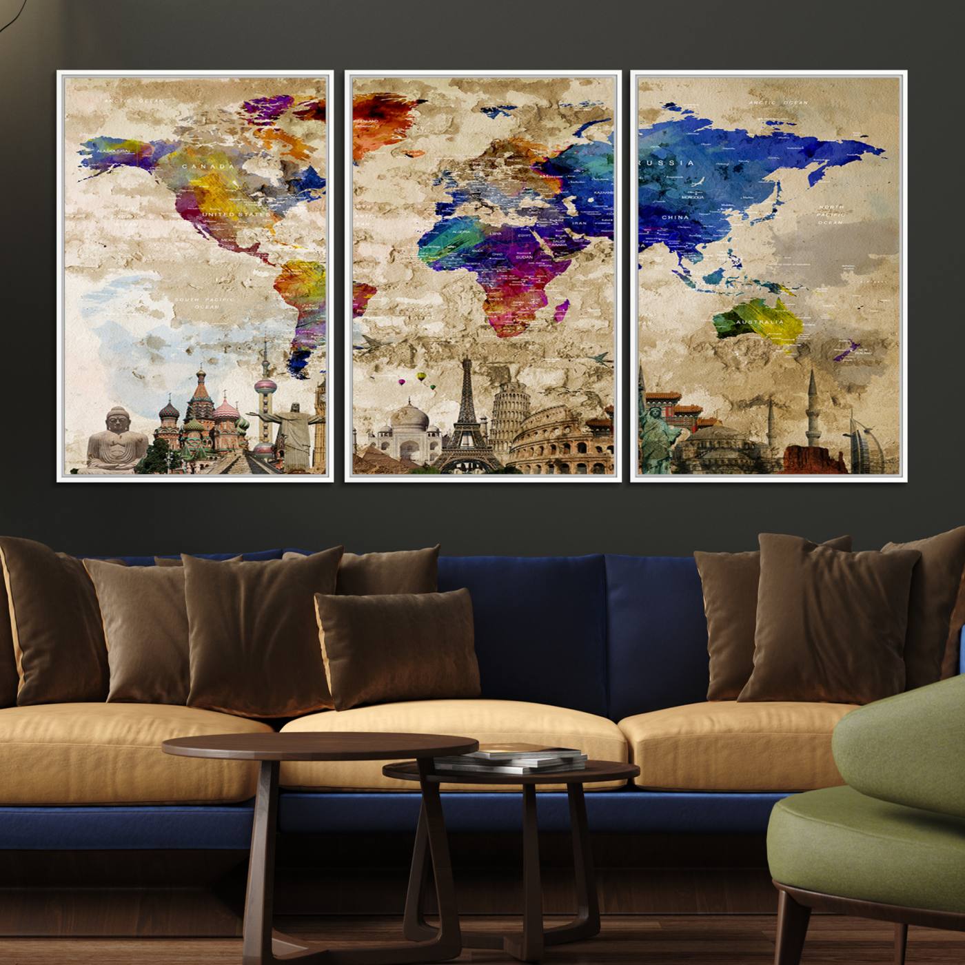 12168-MGV-FC-60X30-3P_White-World Map Canvas Print - Premium Framed Travel Wall Art for Office, Living Room, or Study
