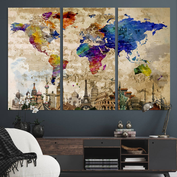World Map Canvas Print - Premium Framed Travel Wall Art for Office, Living Room, or Study