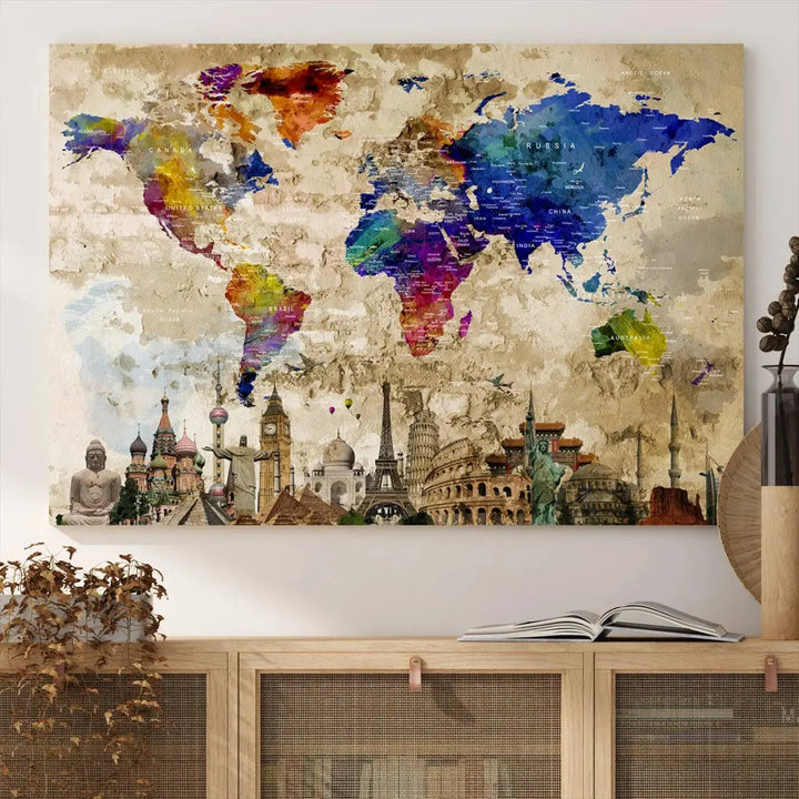 A vivid World Map Canvas Print - Premium Framed Travel Wall Art is displayed. Made with fade-resistant inks, it ensures enduring beauty and style.