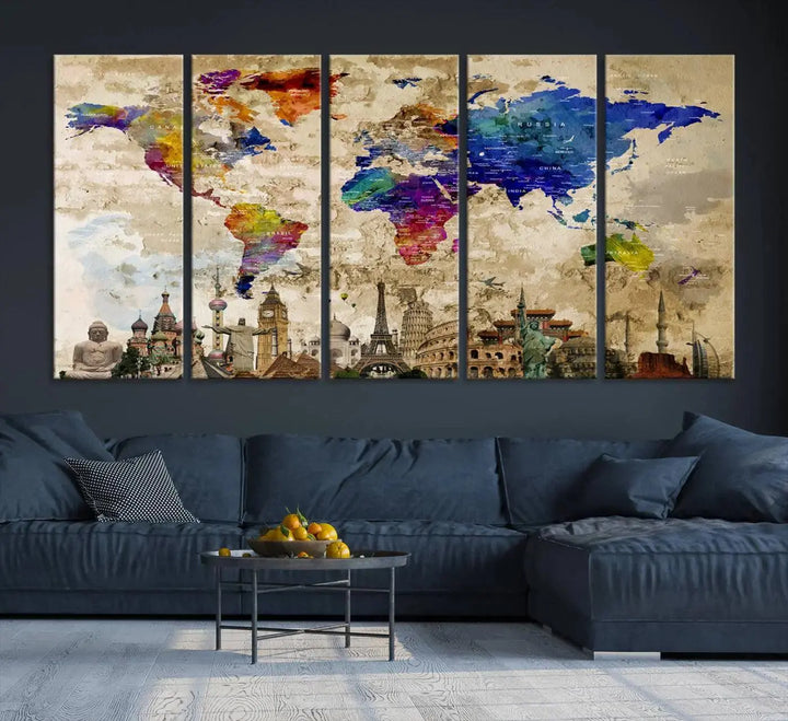 A vivid World Map Canvas Print - Premium Framed Travel Wall Art is displayed. Made with fade-resistant inks, it ensures enduring beauty and style.