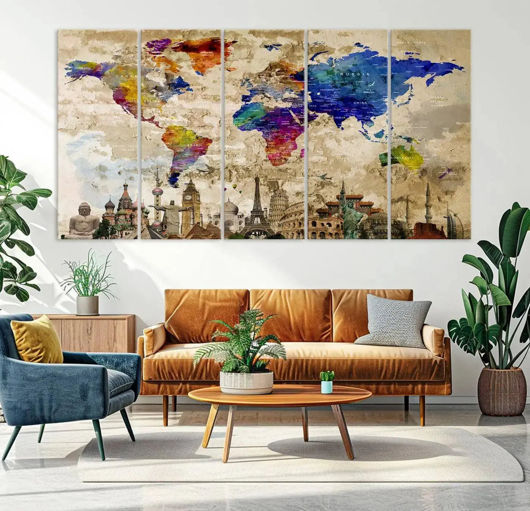 A vivid World Map Canvas Print - Premium Framed Travel Wall Art is displayed. Made with fade-resistant inks, it ensures enduring beauty and style.