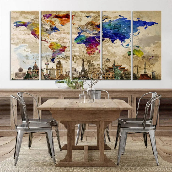 A vivid World Map Canvas Print - Premium Framed Travel Wall Art is displayed. Made with fade-resistant inks, it ensures enduring beauty and style.