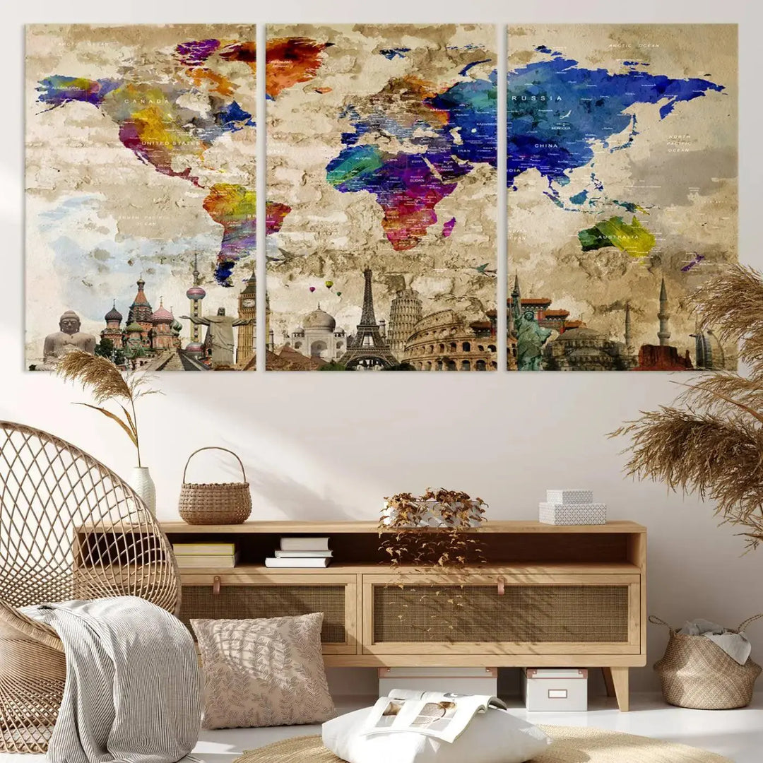 A vivid World Map Canvas Print - Premium Framed Travel Wall Art is displayed. Made with fade-resistant inks, it ensures enduring beauty and style.