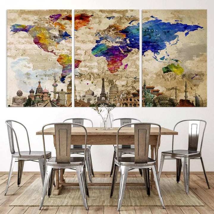 A vivid World Map Canvas Print - Premium Framed Travel Wall Art is displayed. Made with fade-resistant inks, it ensures enduring beauty and style.