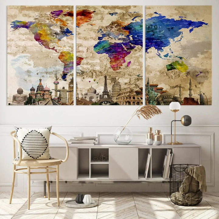 A vivid World Map Canvas Print - Premium Framed Travel Wall Art is displayed. Made with fade-resistant inks, it ensures enduring beauty and style.