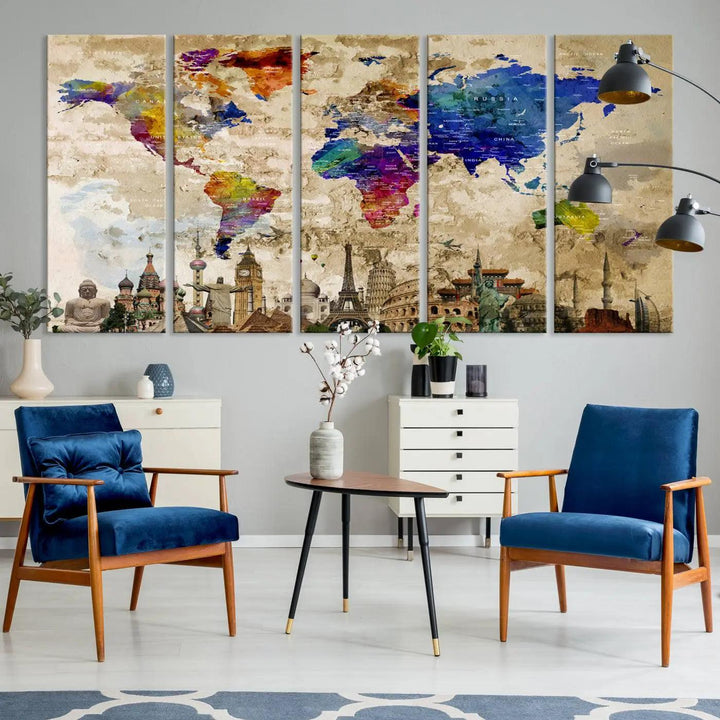 A vivid World Map Canvas Print - Premium Framed Travel Wall Art is displayed. Made with fade-resistant inks, it ensures enduring beauty and style.