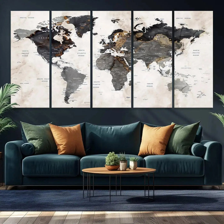 Abstract Map Printing - Modern World Map Canvas Wall Art for Sophisticated Home or Office Decor – Ready to Hang for Home or Office