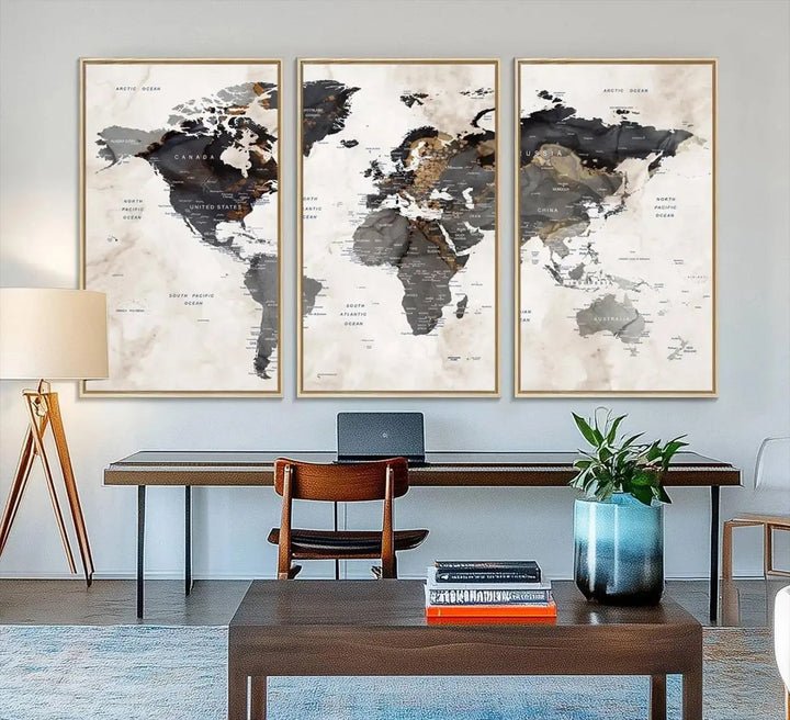 Abstract Map Printing - Modern World Map Canvas Wall Art for Sophisticated Home or Office Decor – Ready to Hang for Home or Office
