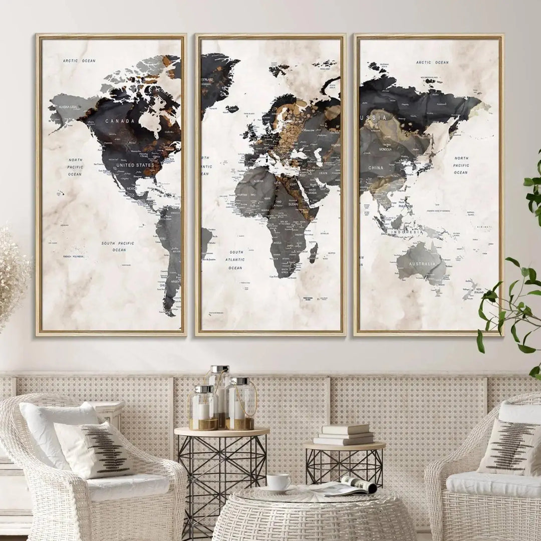 Abstract Map Printing: Modern World Map Canvas Wall Art hangs prominently, showcasing its intricate design and contemporary flair.