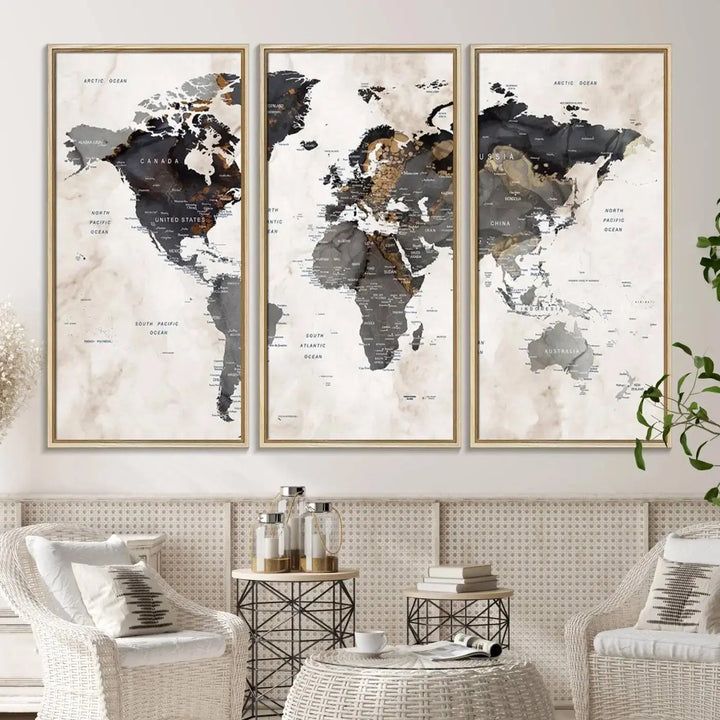 Abstract Map Printing: Modern World Map Canvas Wall Art hangs prominently, showcasing its intricate design and contemporary flair.