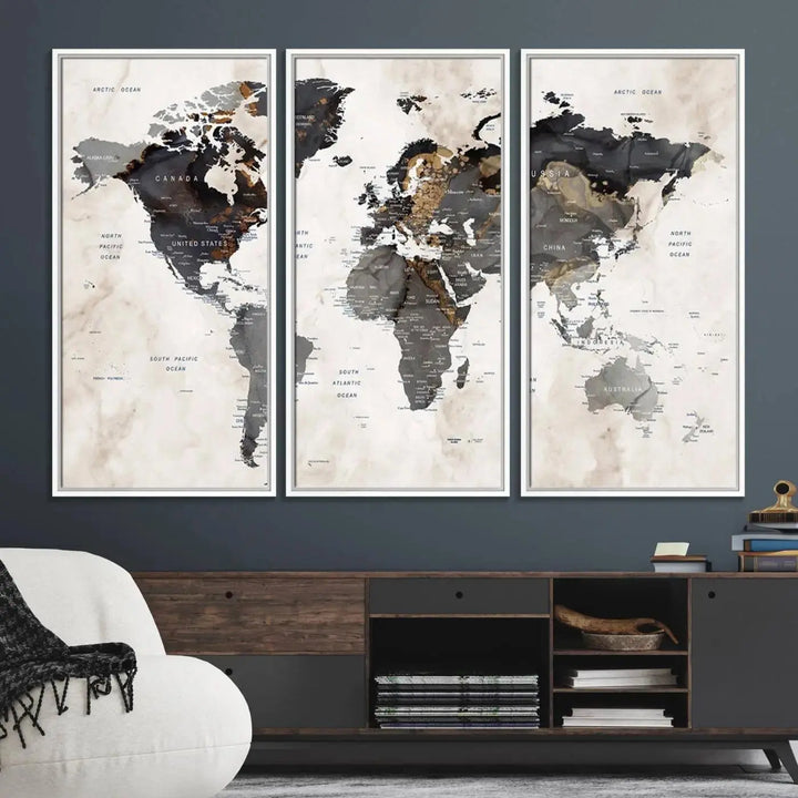Abstract Map Printing: Modern World Map Canvas Wall Art hangs prominently, showcasing its intricate design and contemporary flair.