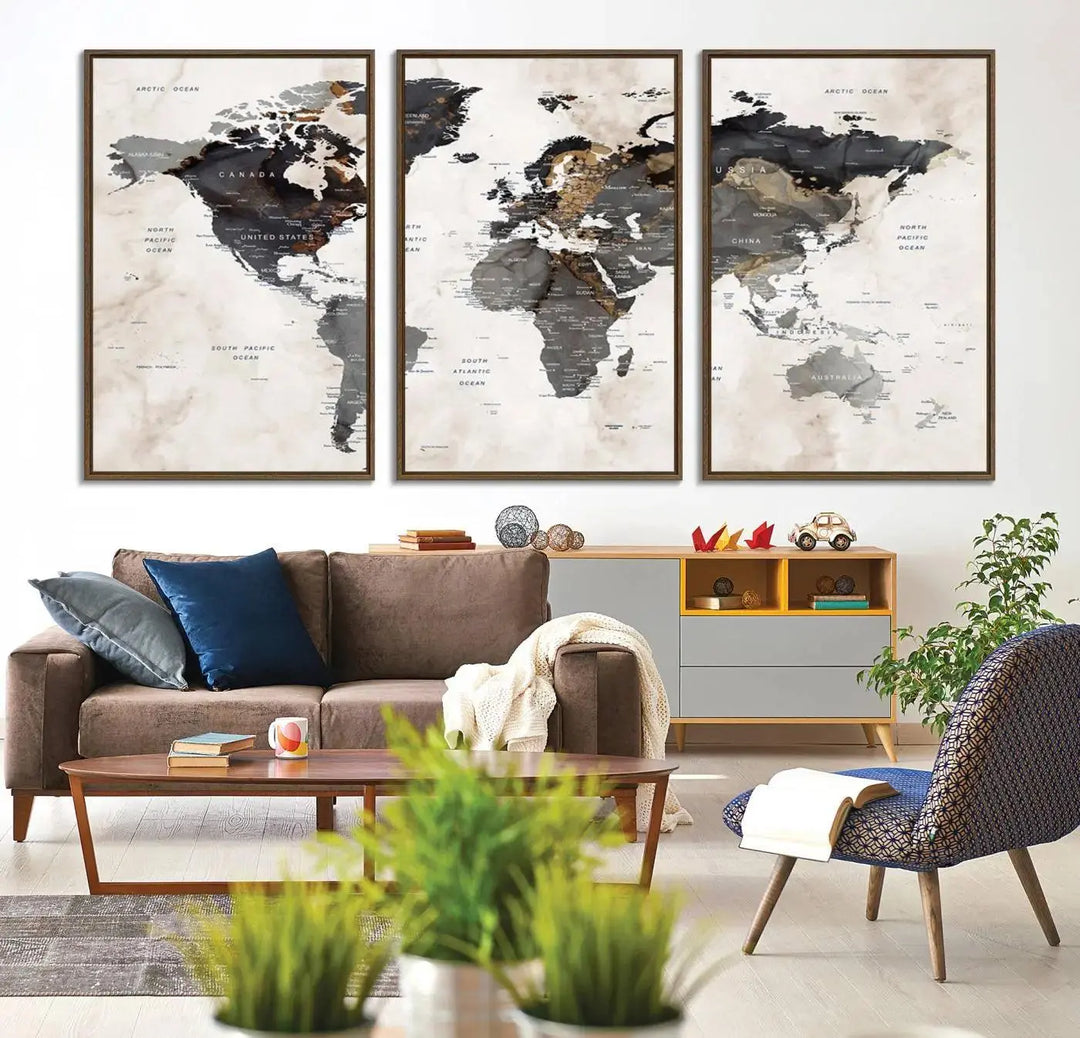 Abstract Map Printing: Modern World Map Canvas Wall Art hangs prominently, showcasing its intricate design and contemporary flair.