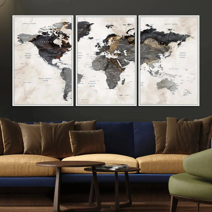 Abstract Map Printing: Modern World Map Canvas Wall Art hangs prominently, showcasing its intricate design and contemporary flair.