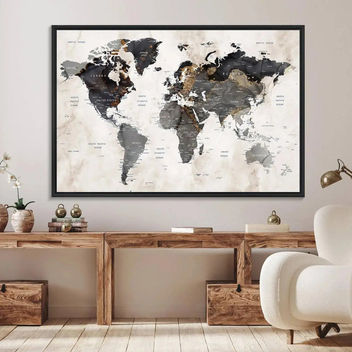 Abstract Map Printing: Modern World Map Canvas Wall Art hangs prominently, showcasing its intricate design and contemporary flair.
